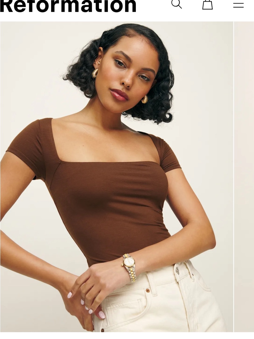 Reformation Chocolate Square-Neck Short Sleeve Tee
